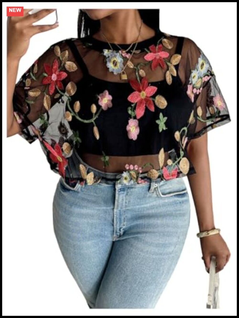 Plus Size Sheer Mesh Crop Top with Floral Embroidery Short Sleeve